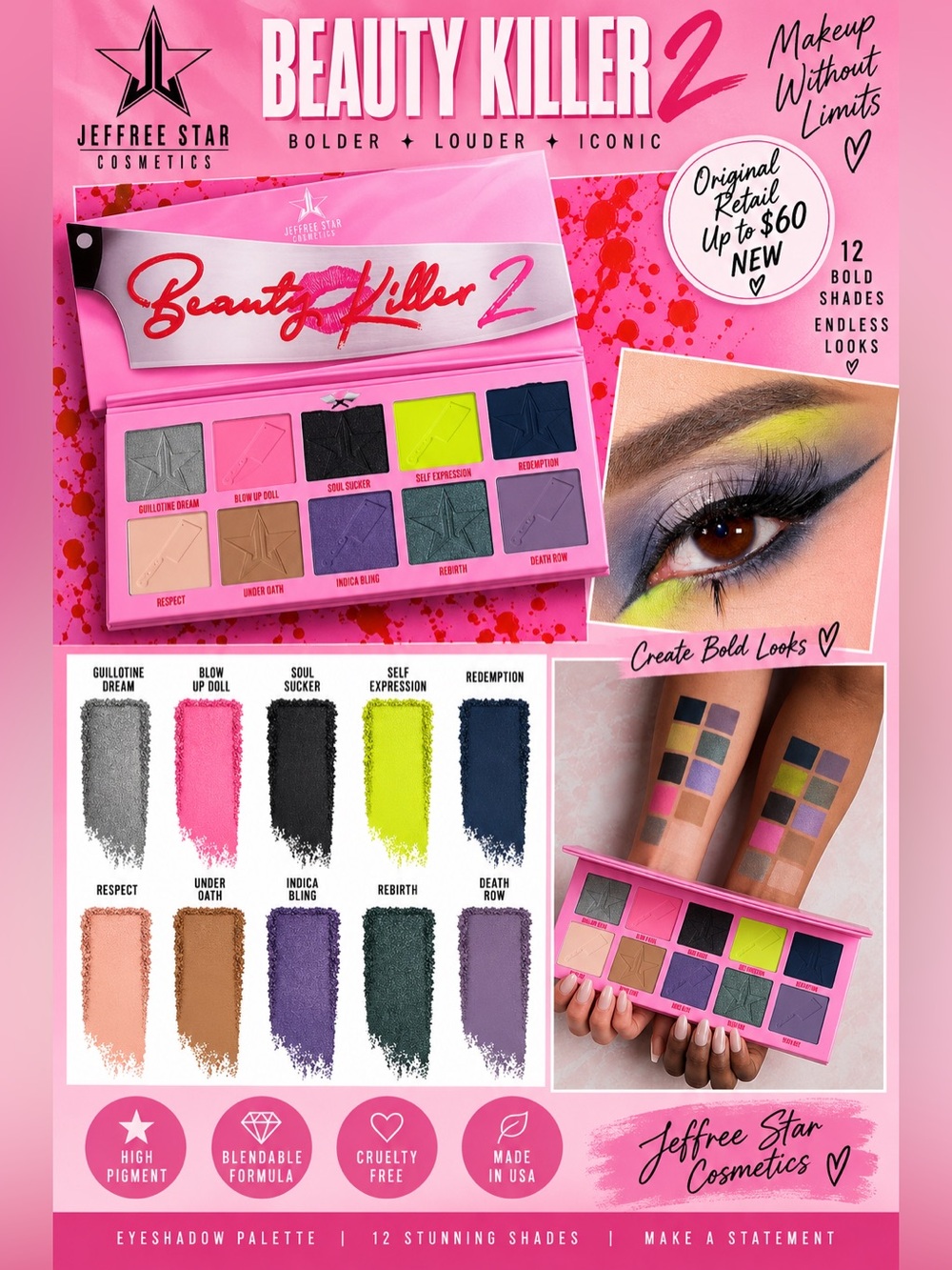 NIB Jeffree Star Beauty Killer 2 Eyeshadow Palette - Pink Neon & Bold Shades